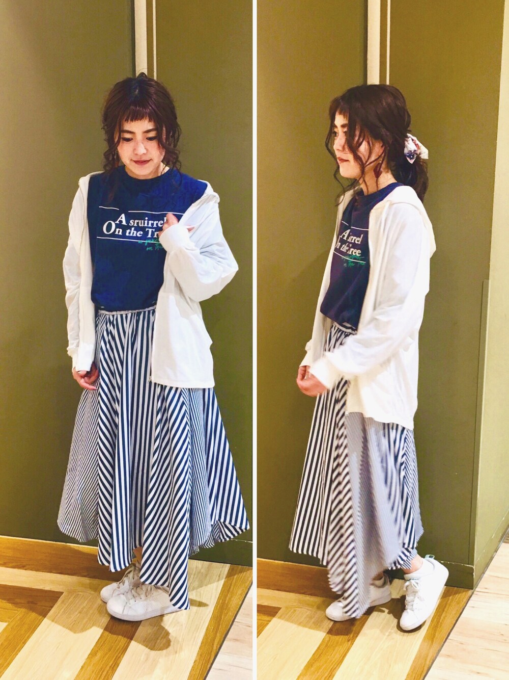 「春コーデ、シンプル、春アウター、スニーカー、ラフ、ストライプ、ママコーデ、グリーンパークス、164cm、おしゃれさんと繋がりたい」｜「Green　ParksのHunch ドルマンパーカー（パーカー、ホワイト系）」を使った、ふっじーさん（レディース・164cm）の春コーディネートの1枚目の写真