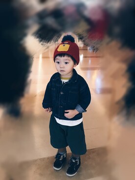 「BEADYGEM（ビーディージェム）のアイテム（帽子）」を使った、Dino Dさん（キッズ・74cm）の冬コーディネート