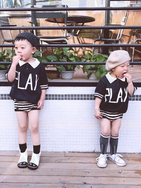 「アイテム（レインシューズ、ホワイト系）」を使った、Dino Dさん（キッズ・74cm）の春コーディネート