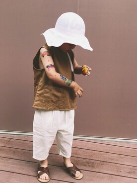 「no brand（ノーブランド）のアイテム（チノパンツ）」を使った、Dino Dさん（キッズ・74cm）の夏コーディネート