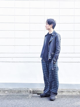 「アイテム（ライダースジャケット）」を使った、米重晃希/ヨネシゲコウキさん（メンズ・173cm・20代）の秋コーディネート