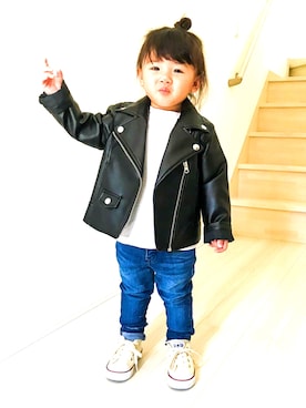 「petit main（プティマイン）のアイテム（ライダースジャケット）」を使った、Yu☺︎さん（キッズ・90cm）の秋コーディネート