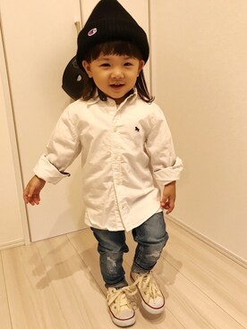 「H&M（エイチ・アンド・エム）のアイテム（シャツ/ブラウス）」を使った、Yu☺︎さん（キッズ・90cm）の秋コーディネート
