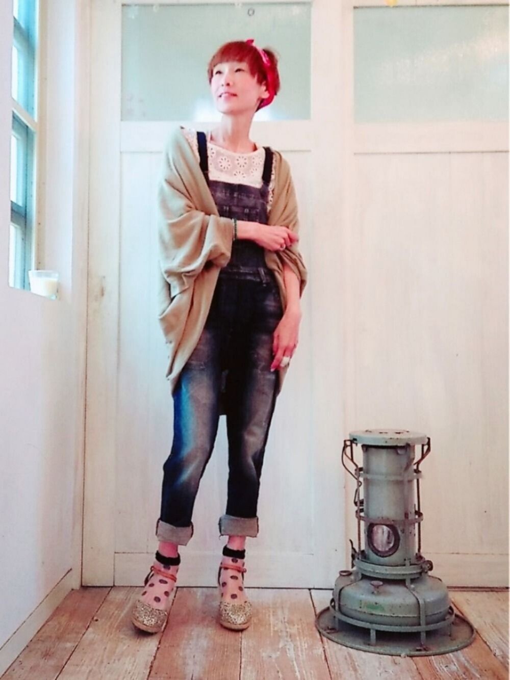 「アンティカ、バンダナ、ZARA、レース、ドットソックス、サンダル、ジェンダーレス部、WEAR昭和部」｜「antiquaのドルマンコットンニットカーデ（カーディガン/ボレロ、グリーン系）」を使った、ずんちゃ🌞さん（レディース・163cm）の春コーディネートの1枚目の写真