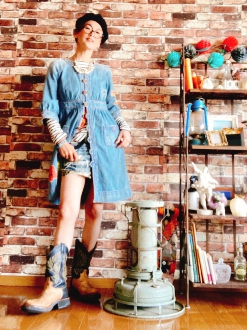「あちゃちゅむ、デニデニ、ボーダー、ベレー帽、トニーラマ、好きな服を着隊、我が道をゆく隊、ジェンダーレス部、WEAR昭和部」｜「しのちゃんから受け継いだあちゃちゅむワンピ💖のアイテム（ワンピース、ブルー系）」を使った、ずんちゃ🌞さん（レディース・163cm）の春コーディネートの1枚目の写真
