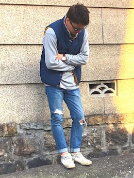 「H&M（エイチ・アンド・エム）のアイテム（ダウンベスト）」を使った、H.Jさん（メンズ・173cm）の春コーディネート