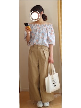「DOUBLE NAME（ダブルネーム）の花柄シャーリングプルオーバー（シャツ/ブラウス、ピンク系）」を使った、みっきーさん（レディース・163cm）の夏コーディネート