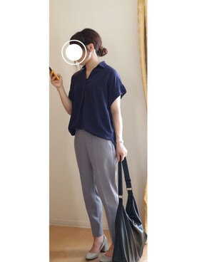「LOWRYS FARM（ローリーズファーム）のＴＲスキッパーシャツ　726840（シャツ/ブラウス、ブルー系）」を使った、みっきーさん（レディース・163cm）の夏コーディネート