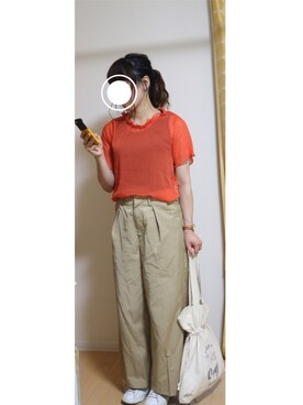 「DOUBLE NAME（ダブルネーム）の楊柳Ｔシャツ（シャツ/ブラウス、レッド系）」を使った、みっきーさん（レディース・163cm）の夏コーディネート