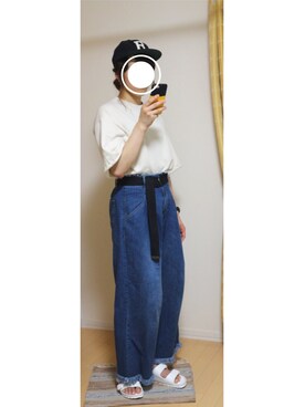 「DOUBLE NAME（ダブルネーム）のフリンジデニムワイドパンツ（デニムパンツ）」を使った、みっきーさん（レディース・163cm）の夏コーディネート