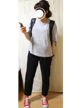 「YAKPAK（ヤックパック）の【YAK PAK】フラップバックパック（バックパック/リュック、ブラック系）」を使った、みっきーさん（レディース・163cm）の夏コーディネート