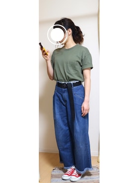 「DOUBLE NAME（ダブルネーム）のフリンジデニムワイドパンツ（デニムパンツ）」を使った、みっきーさん（レディース・163cm）の秋コーディネート