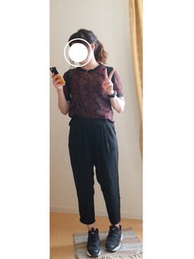 「DOUBLE NAME（ダブルネーム）の衿リブレースＴＥＥ（シャツ/ブラウス、ブラウン系）」を使った、みっきーさん（レディース・163cm）の秋コーディネート