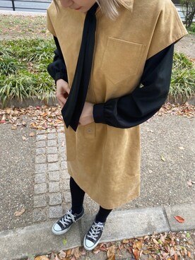 「usedのアイテム（ワンピース/ドレス、ベージュ系）」を使った、kazooさん（レディース・157cm）の春コーディネート