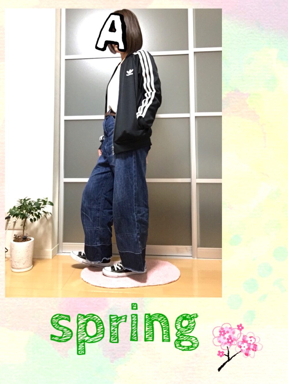 「春コーデ、スニーカーコーデ、スポーツミックス」｜「w closetのアイテム（デニムパンツ、ブルー系）」を使った、ayaco*°さん（レディース・158cm）の春コーディネートの1枚目の写真