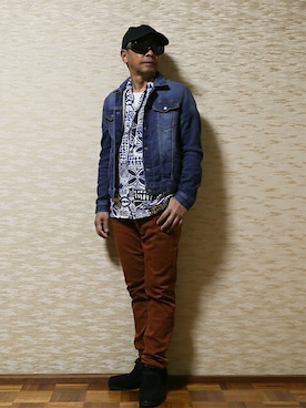 「柄シャツ」｜「アイテム（カバーオール）」を使った、いしさん（メンズ・161cm）の秋コーディネート