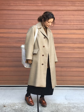 「茶色」｜「アイテム（ステンカラーコート）」を使った、tabaさん（レディース・158cm）の冬コーディネート