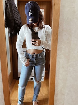 「ZARA（ザラ）のアイテム（Tシャツ/カットソー、ホワイト系）」を使った、Kurumiさん（レディース・150cm）の春コーディネート