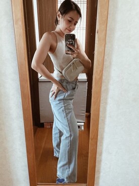 「SHEINのアイテム（デニムパンツ、ブルー系）」を使った、Kurumiさん（レディース・150cm）の春コーディネート