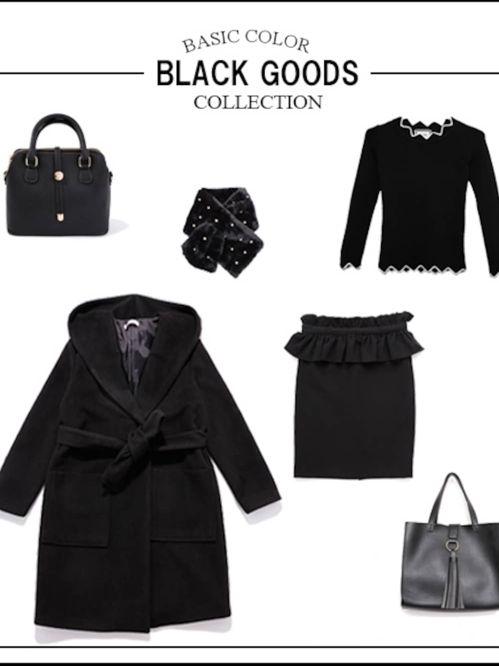 ブラック系のハンドバッグ、ブラック系のニット/セーター、ブラック系のその他アウターを着用したレディースの冬コーディネートの1枚目の写真