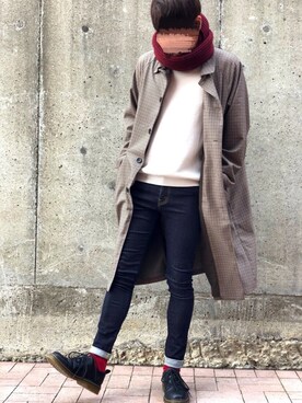 「ワインレッド」｜「アイテム（ステンカラーコート）」を使った、hikaruさん（メンズ・173cm）の秋コーディネート