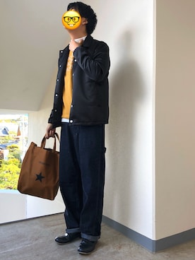 「マスタードイエロー」｜「アイテム（ブルゾン）」を使った、くろぶちさん（メンズ・182cm）の冬コーディネート