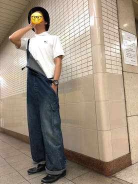 「サファリハット」｜「アイテム（サロペット/オーバーオール）」を使った、くろぶちさん（メンズ・182cm）の夏コーディネート