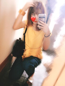 「LOWRYS FARM（ローリーズファーム）のアイテム（デニムパンツ、ブルー系）」を使った、minoriさん（レディース・152cm）の夏コーディネート