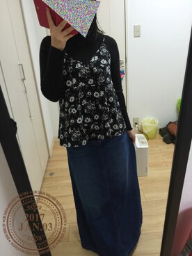 「GU（ジーユー）のアイテム（ニット/セーター、ブラック系）」を使った、@chocoさん（レディース・154cm）の冬コーディネート