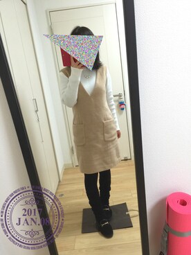 「アイテム（レッグウォーマー、ブラック系）」を使った、@chocoさん（レディース・154cm）の冬コーディネート