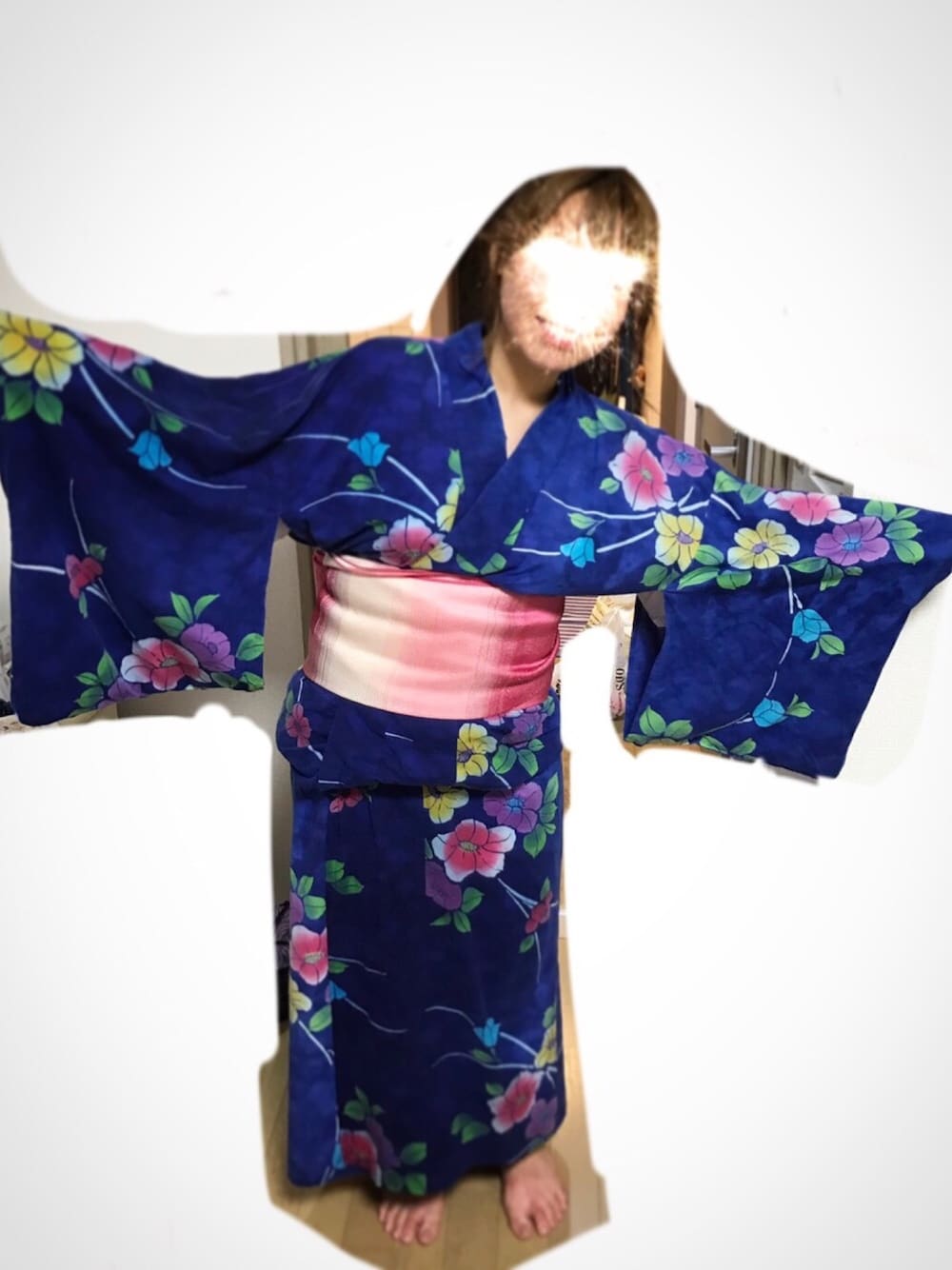 「ぽっちゃり、てゆーかでぶです、ラファコーデ、浴衣、花火大会、夏コーデ、花柄浴衣、青色、Japanese style」｜「お婆ちゃん仕立てのアイテム（浴衣、ブルー系）」を使った、むむむさん（レディース・153cm）の夏コーディネートの1枚目の写真