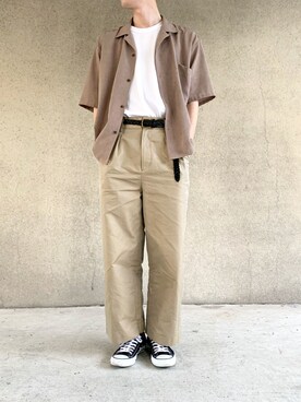 「EMMA CLOTHES（エマクローズ）のブライトポプリンリラックスオープンカラーシャツ Poplin Open Collar Shirt(1/2 Sleeve)（シャツ/ブラウス、ブラウン系）」を使った、よっしーさん（メンズ・176cm）の夏コーディネート