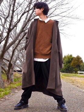 「act'm（アクトム）のアイテム（ステンカラーコート）」を使った、tendon...🚶‍♂️さん（メンズ・168cm）の冬コーディネート