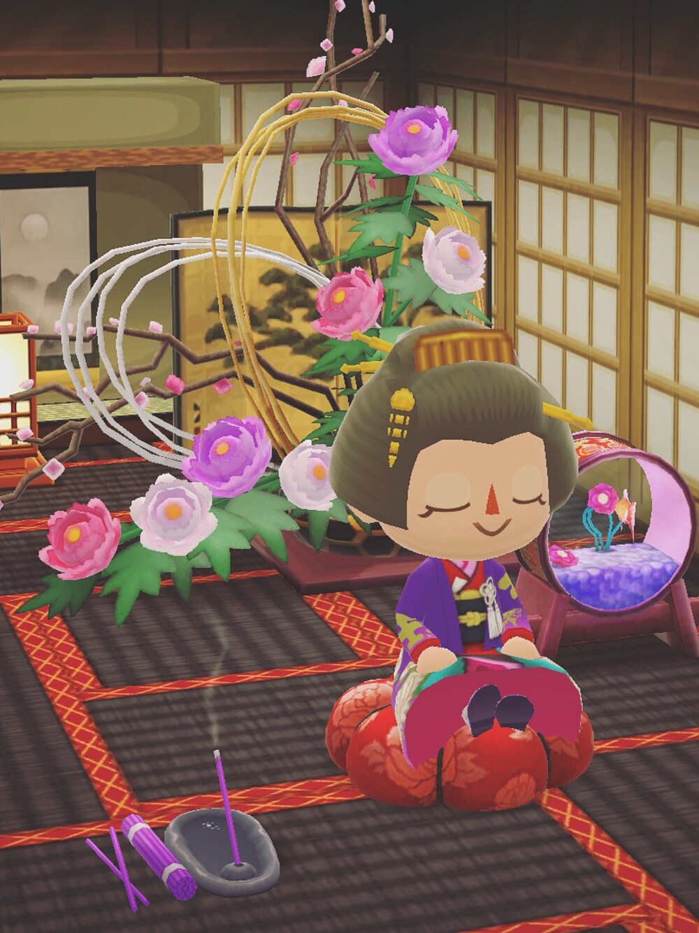 「ポケ森」｜「ゲイシャさんのアイテム（ウィッグ、グレー系）」を使った、くろぶちさん（レディース・160cm）の冬コーディネートの1枚目の写真