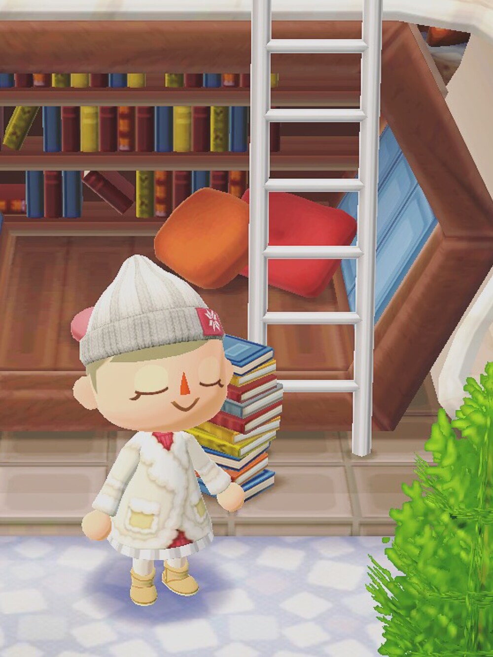 「ポケ森」｜「タグつきニットぼうのアイテム（ニットキャップ/ビーニー、ホワイト系）」を使った、くろぶちさん（レディース・160cm）の冬コーディネートの1枚目の写真