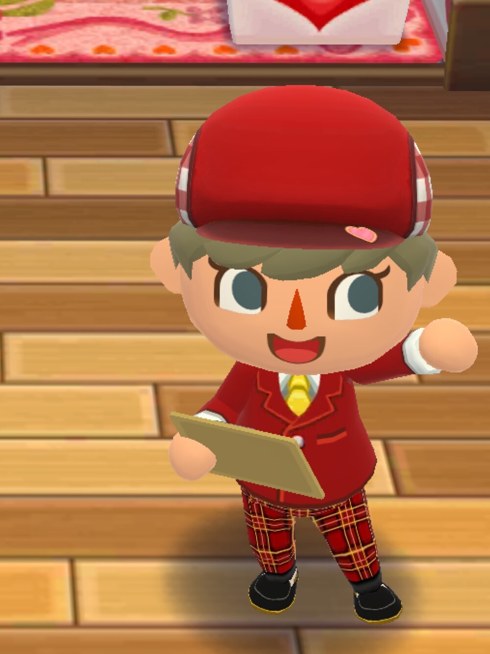 「ポケ森」｜「おかしづくりのぼうしのアイテム（キャスケット、レッド系）」を使った、くろぶちさん（レディース・160cm）の冬コーディネートの1枚目の写真
