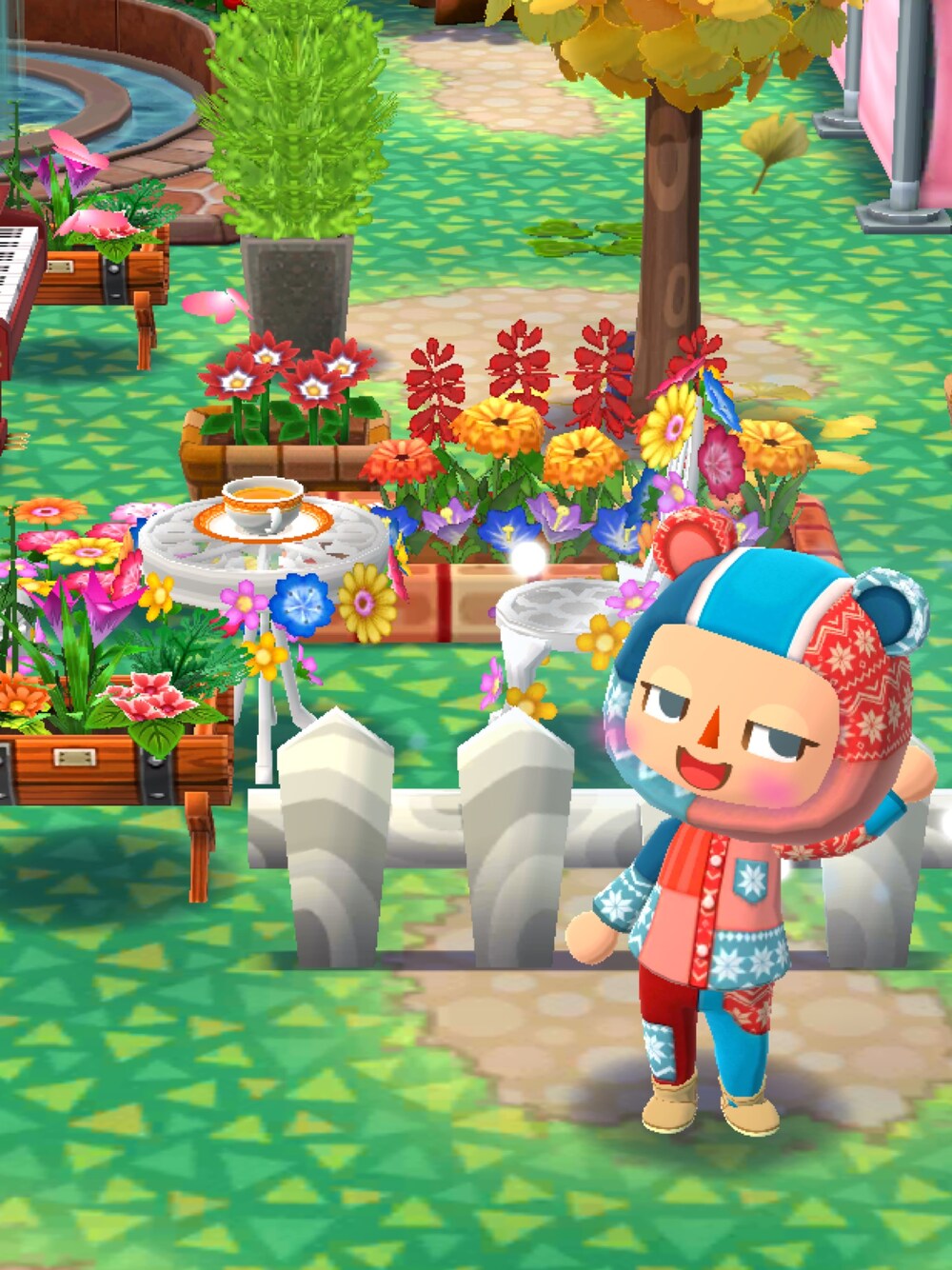 「ポケ森」｜「パッチワークベアのかぶりもののアイテム（帽子、その他）」を使った、くろぶちさん（レディース・160cm）の春コーディネートの1枚目の写真