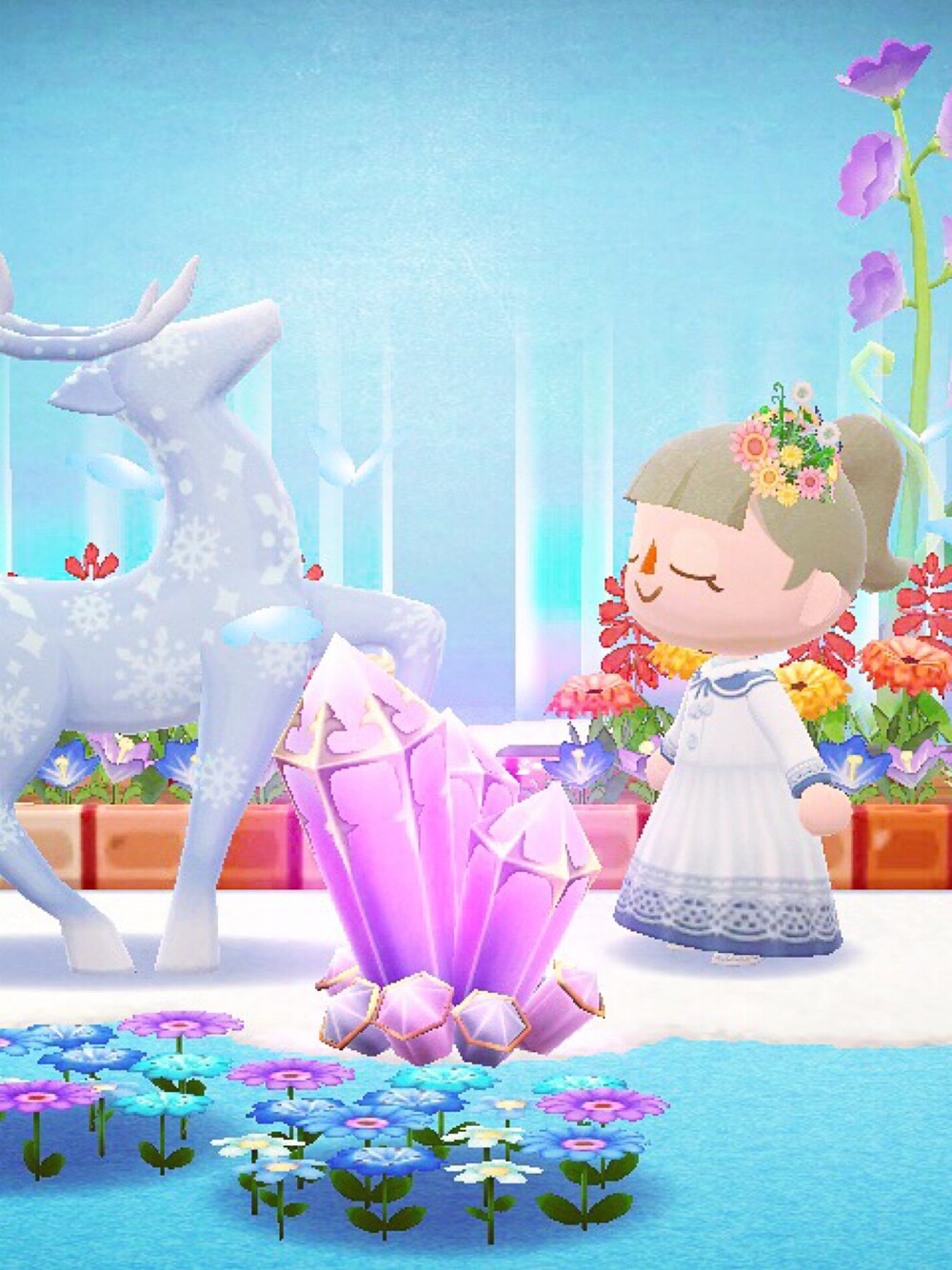 「ポケ森」｜「スノークリスマスなローブのアイテム（ドレス、ホワイト系）」を使った、くろぶちさん（レディース・160cm）の春コーディネートの1枚目の写真