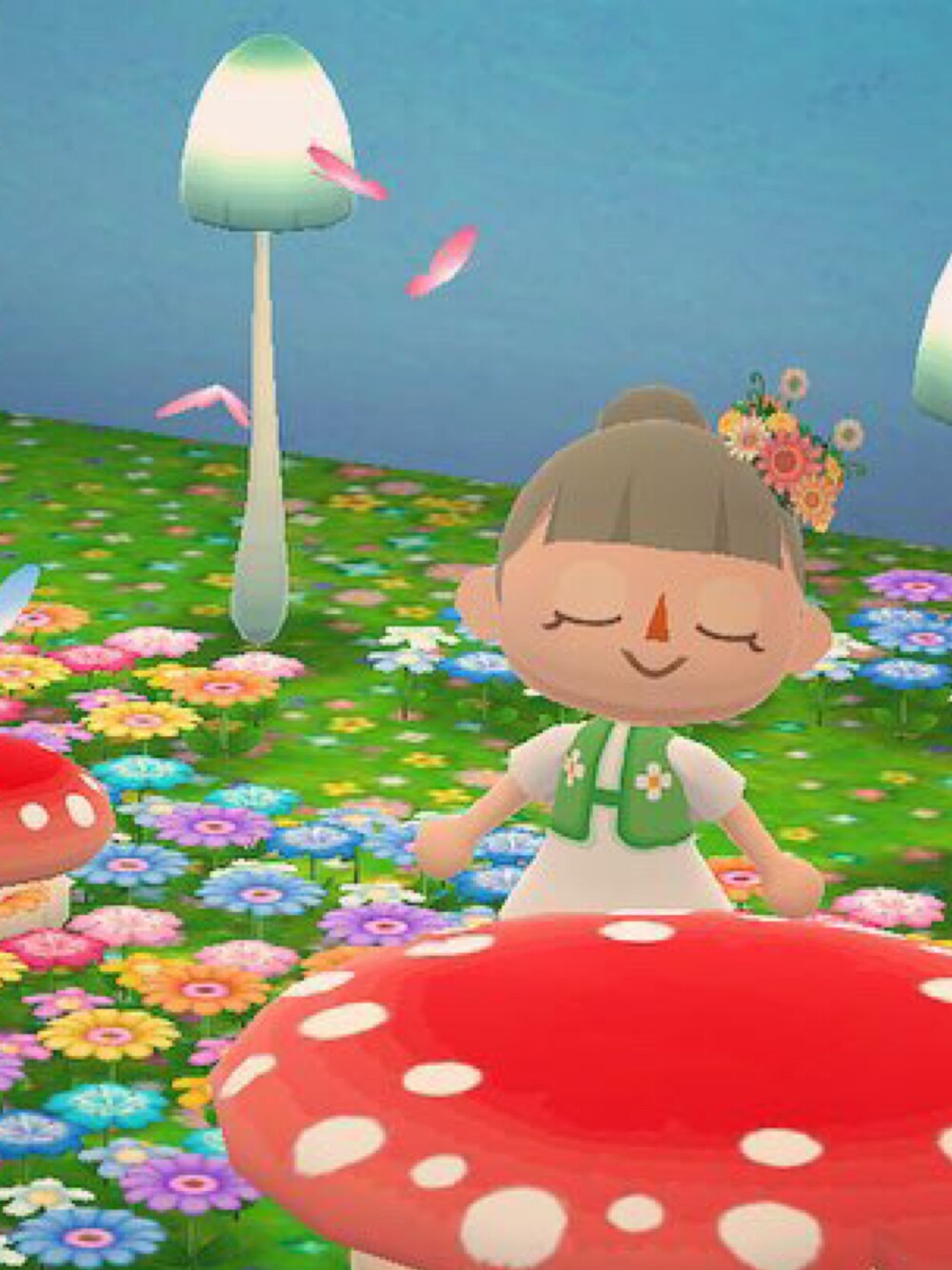 「ポケ森」｜「チロリアンなふくのアイテム（ワンピース、ホワイト系）」を使った、くろぶちさん（レディース・160cm）の春コーディネートの1枚目の写真