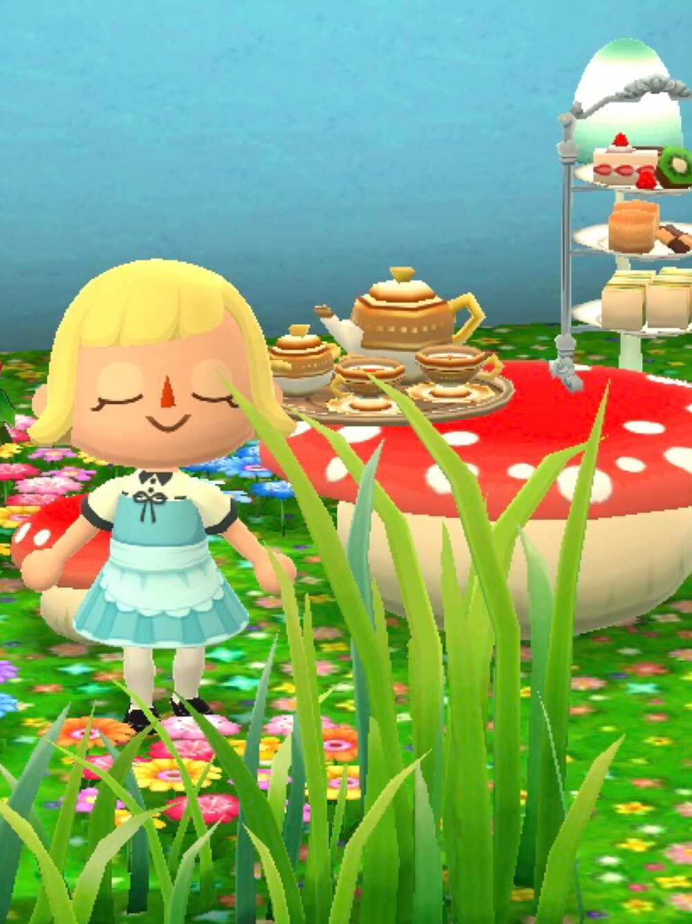 「ポケ森」｜「アリスなワンピースのアイテム（ワンピース、ブルー系）」を使った、くろぶちさん（レディース・160cm）の春コーディネートの1枚目の写真