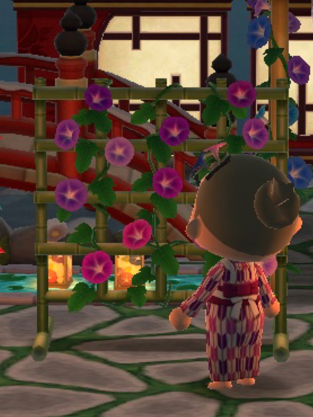 「ポケ森」｜「アサガオのかみかざりのアイテム（バレッタ/ヘアクリップ、ブルー系）」を使った、くろぶちさん（レディース・160cm）の夏コーディネートの1枚目の写真