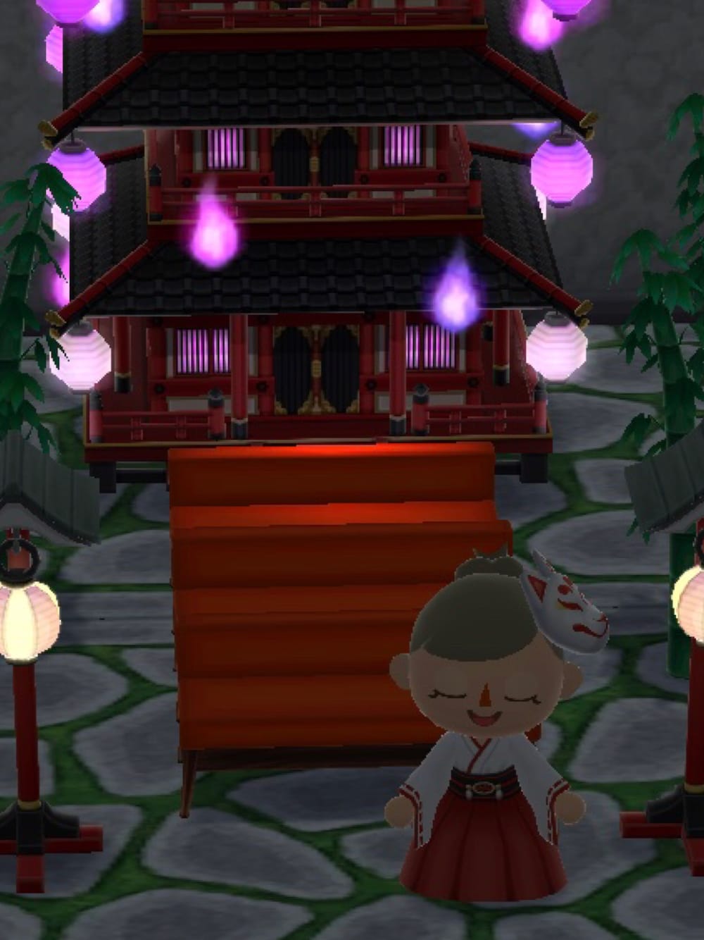 「ポケ森」｜「こまぎつねのおめんのアイテム（その他ヘアアクセサリー、ホワイト系）」を使った、くろぶちさん（レディース・160cm）の夏コーディネートの1枚目の写真