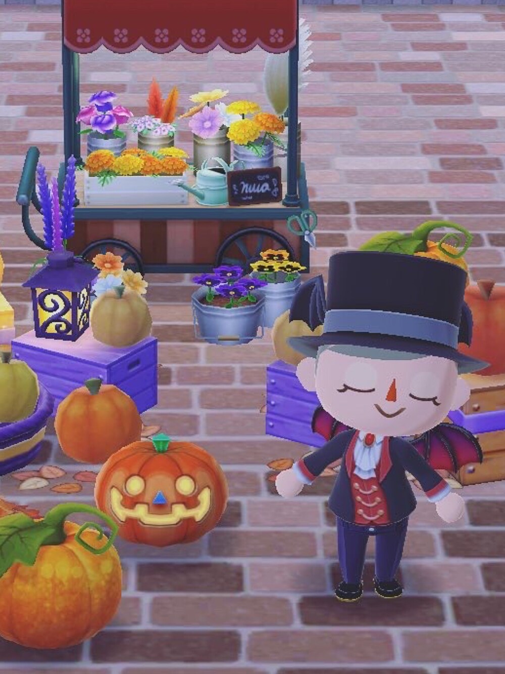 「ポケ森」｜「パンプキングなシルクハットのアイテム（ハット、ブラック系）」を使った、くろぶちさん（レディース・160cm）の秋コーディネートの1枚目の写真