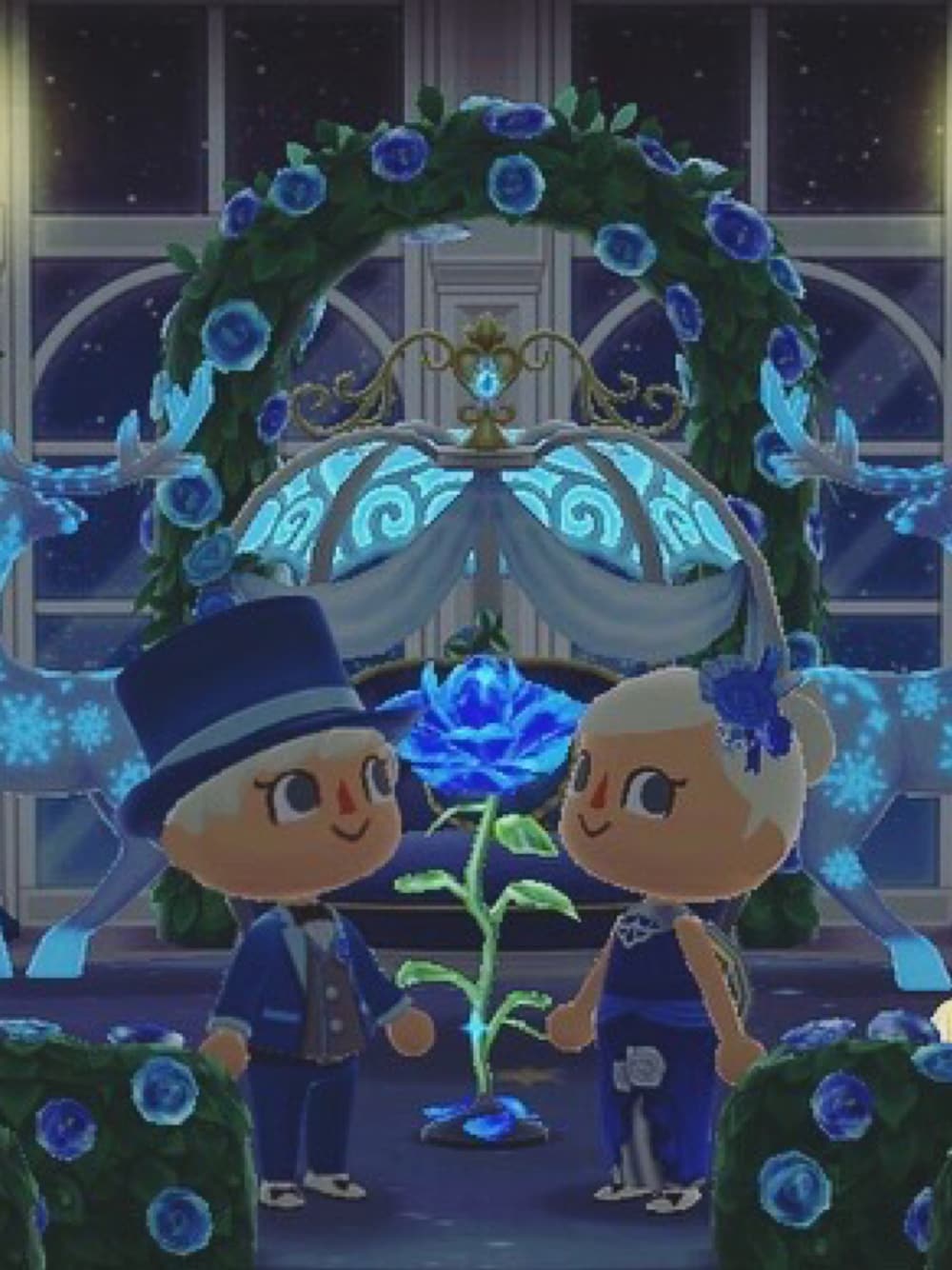 「ポケ森」｜「2しゅうねんのシルクハットのアイテム（ハット、ブルー系）」を使った、くろぶちさん（レディース・160cm）の秋コーディネートの1枚目の写真