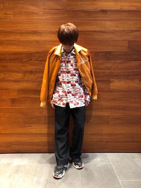 「アイテム（カバーオール、レッド系）」を使った、らいさん（メンズ・168cm）の秋コーディネート