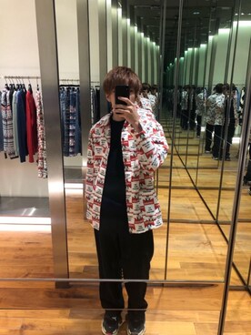 「アイテム（カバーオール、レッド系）」を使った、らいさん（メンズ・168cm）の秋コーディネート