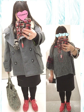 「チェック柄」｜「アイテム（ピーコート）」を使った、奈々さん（レディース・162cm）の冬コーディネート