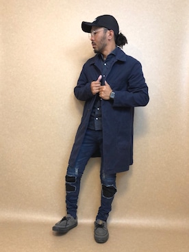 「ネイビーコーデ」｜「アイテム（トレンチコート）」を使った、Keisukeさん（メンズ・165cm）の秋コーディネート