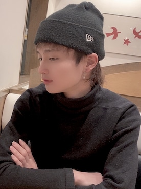 「NEW ERA（ニューエラ）のアイテム（ニットキャップ/ビーニー、ブラック系）」を使った、ZONOさん（メンズ）の冬コーディネート