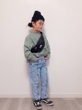 「JEANASIS（ジーナシス）のアイテム（スウェット）」を使った、mikiさん（キッズ・120cm）の冬コーディネート